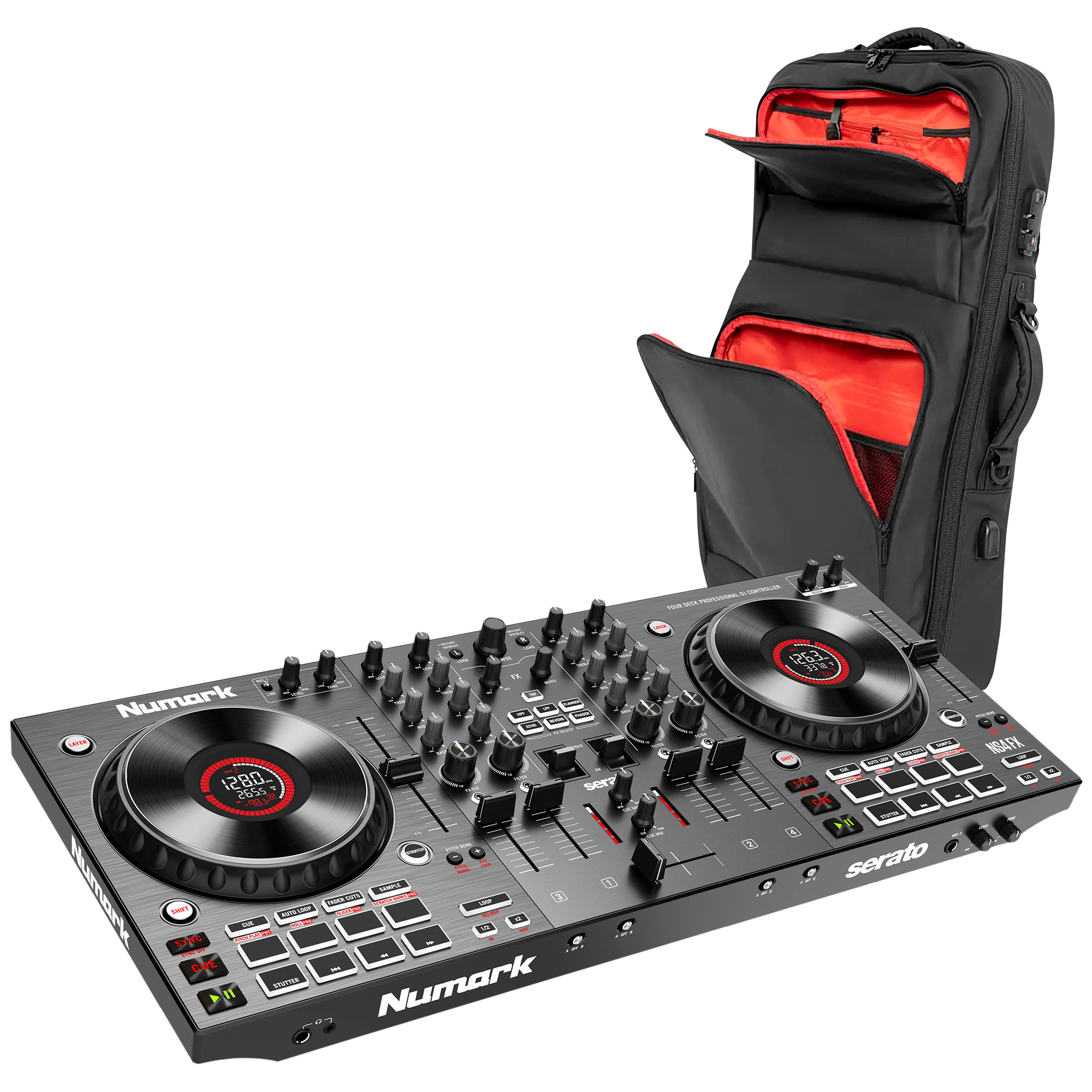 Numark NS4FX + K-Max MK3 Large 3/4 Channel DJ Controller Backpack