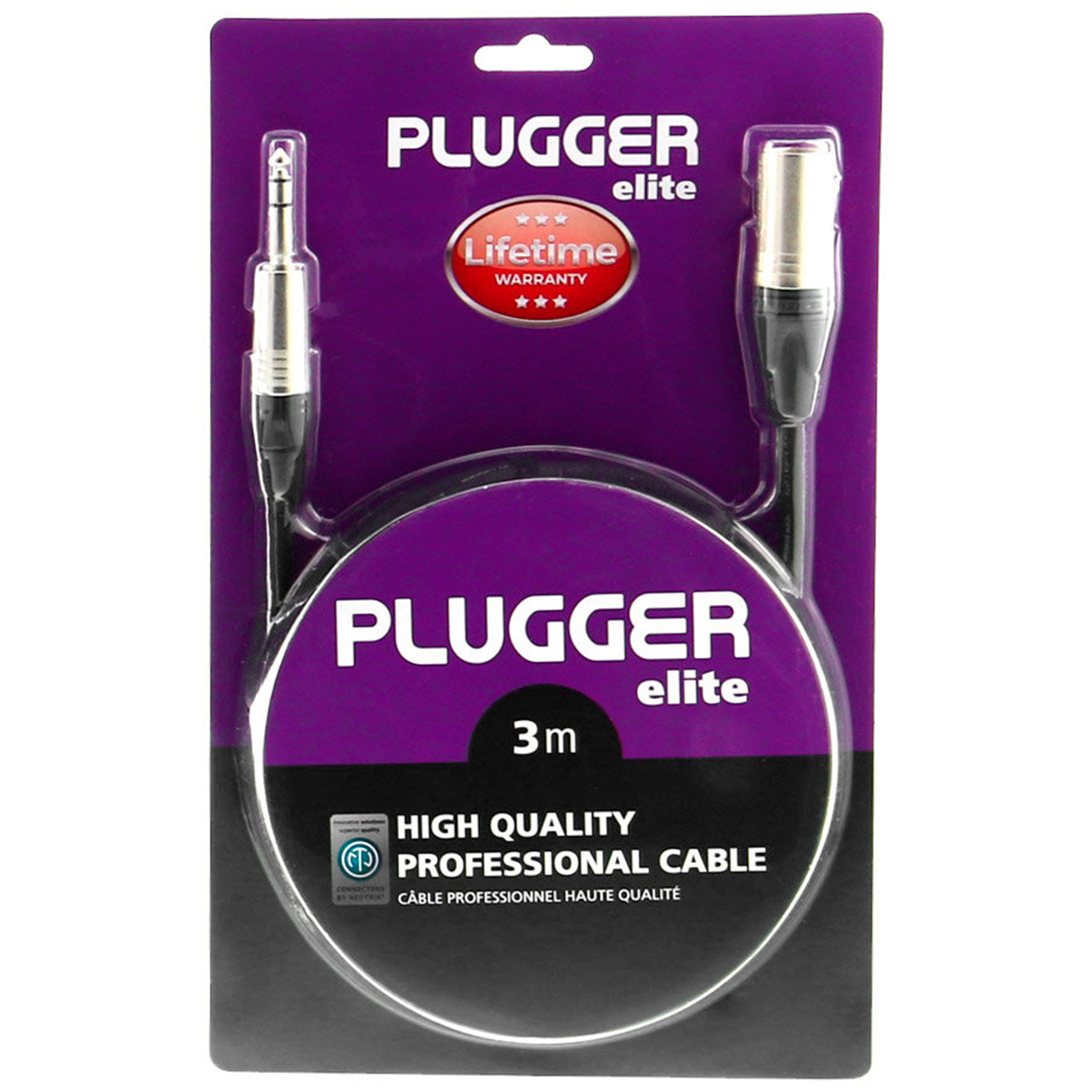 Plugger Câble XLR mâle 3b - Jack mâle stéréo 3m Elite