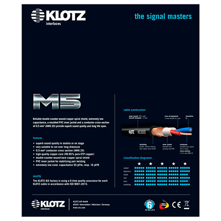 Câble M5 Pro XLR mâle/femelle Neutrik, 6m Klotz